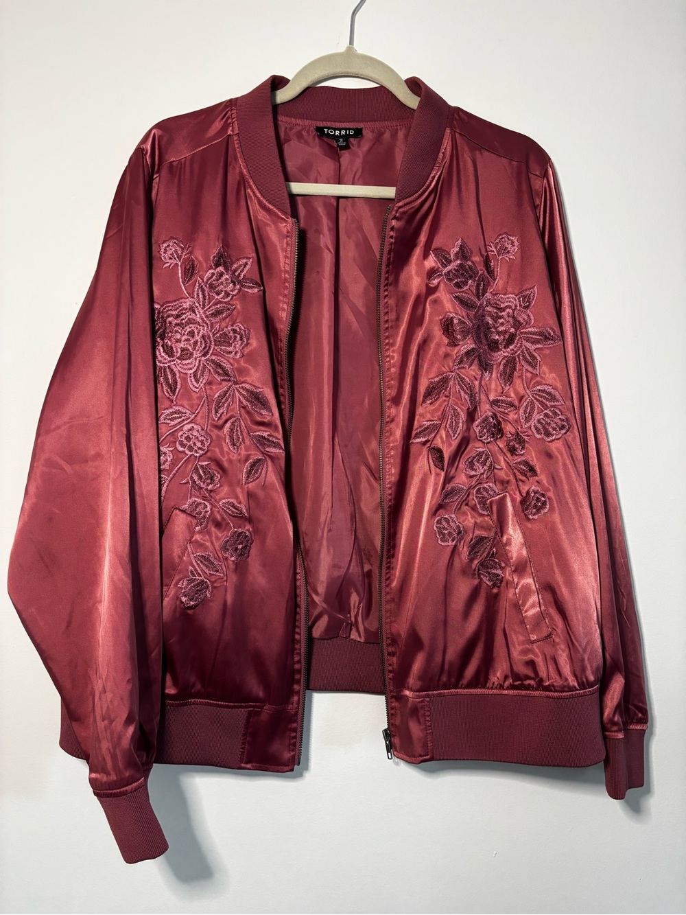 torrid Satin Bomber Jacket with Tonal Floral Embroidery - Wine